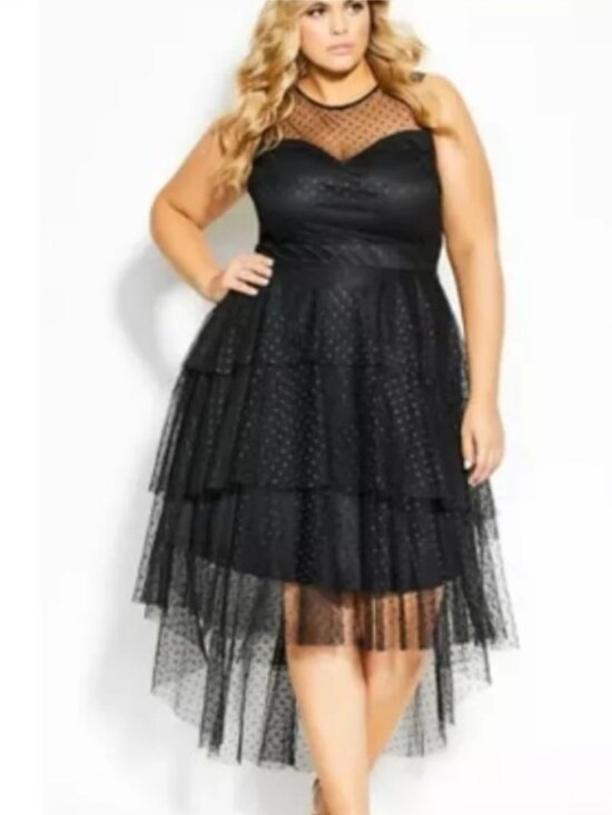 City Chic Dresses & Skirts - City Chic Brand Women's size 18 Bardot Dress Black Polka Dota Maxi Mesh High Low